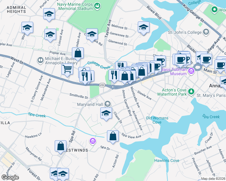 map of restaurants, bars, coffee shops, grocery stores, and more near 55 Spa Road in Annapolis