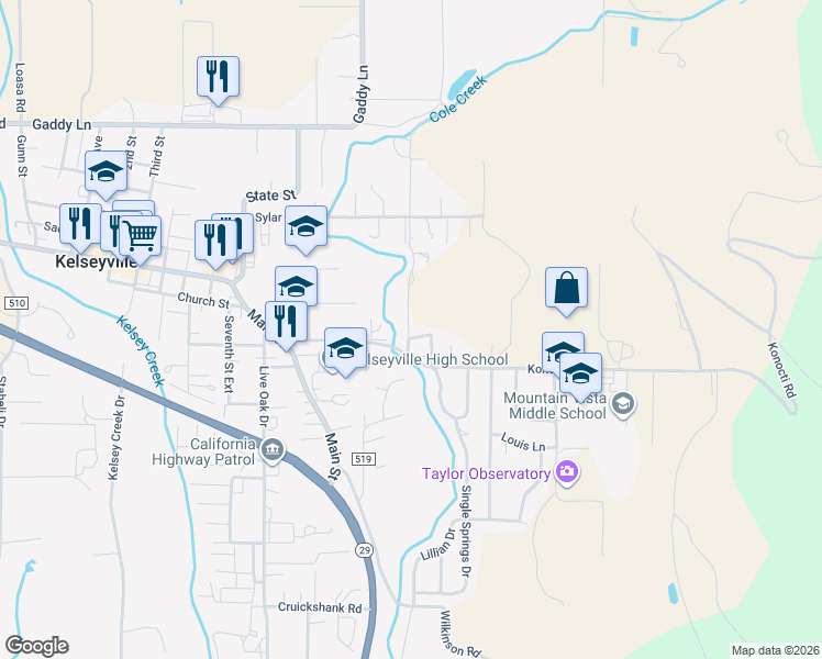 map of restaurants, bars, coffee shops, grocery stores, and more near 4600 Konocti Road in Kelseyville