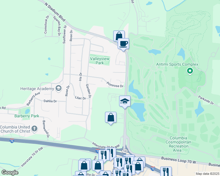 map of restaurants, bars, coffee shops, grocery stores, and more near 2204 Primrose Drive in Columbia