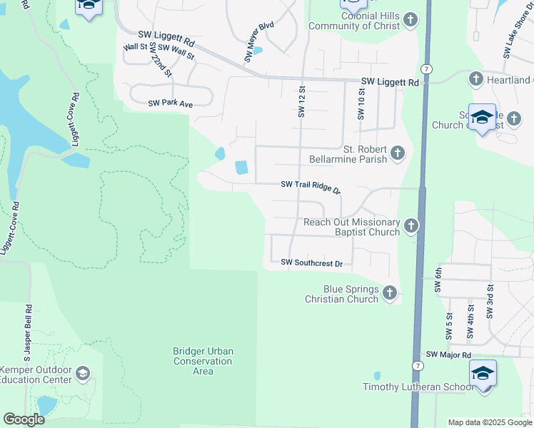 map of restaurants, bars, coffee shops, grocery stores, and more near 1225 Southwest Southgate Drive in Blue Springs