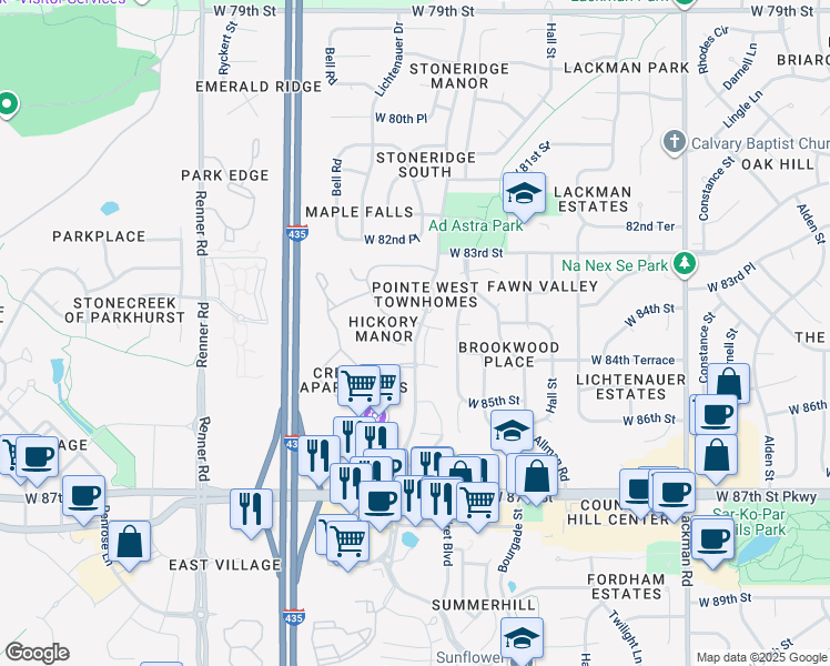 map of restaurants, bars, coffee shops, grocery stores, and more near 16005 West 84th Terrace in Lenexa