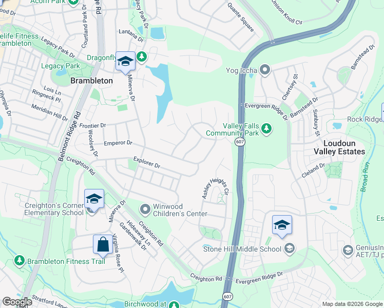 map of restaurants, bars, coffee shops, grocery stores, and more near 23158 Kleinsmith Way in Brambleton