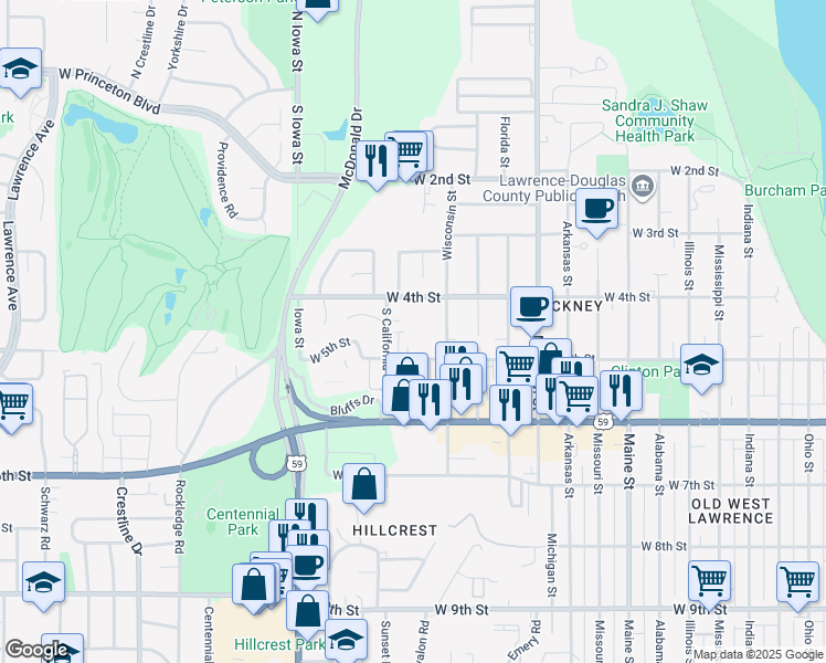 map of restaurants, bars, coffee shops, grocery stores, and more near 448 Grandview Terrace in Lawrence