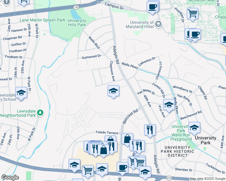 map of restaurants, bars, coffee shops, grocery stores, and more near 7000 Adelphi Road in Hyattsville
