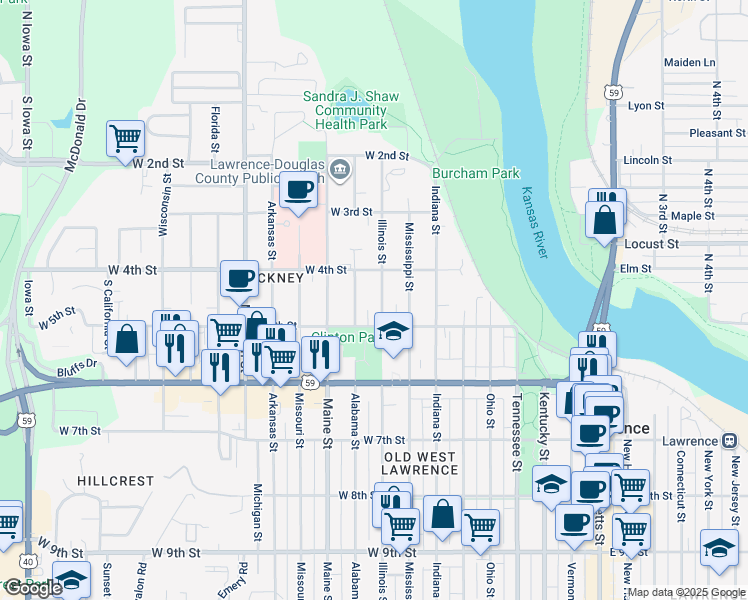 map of restaurants, bars, coffee shops, grocery stores, and more near 433 Illinois Street in Lawrence
