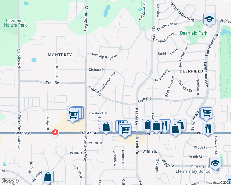 map of restaurants, bars, coffee shops, grocery stores, and more near 300 Tallgrass Court in Lawrence