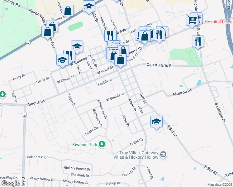 map of restaurants, bars, coffee shops, grocery stores, and more near 125 West Bonfils Street in Troy