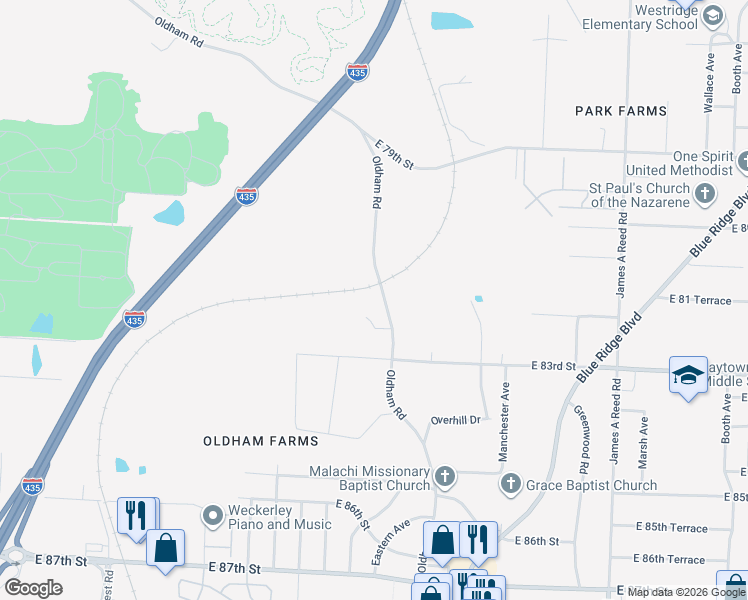 map of restaurants, bars, coffee shops, grocery stores, and more near 8102 Oldham Road in Kansas City