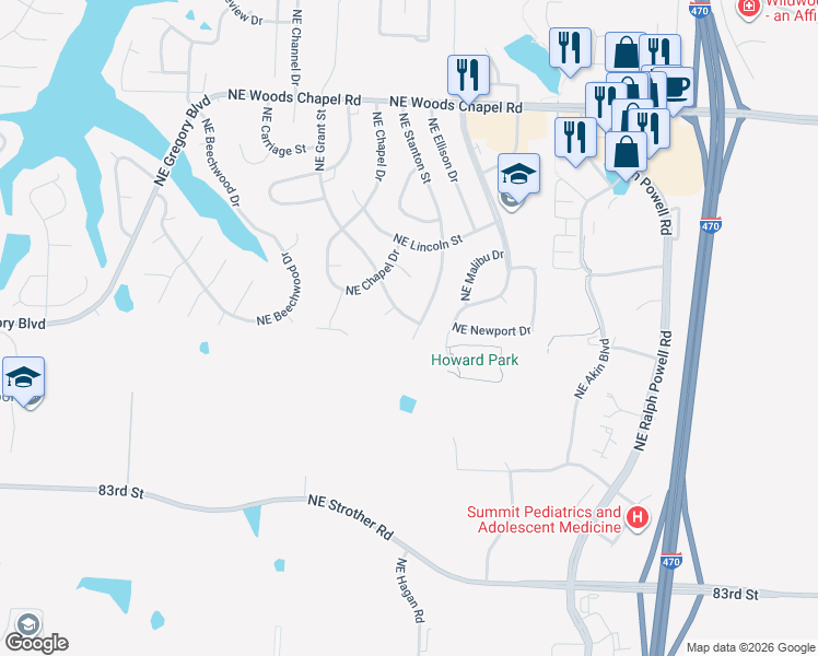 map of restaurants, bars, coffee shops, grocery stores, and more near 3506 Northeast Grant Street in Lee's Summit