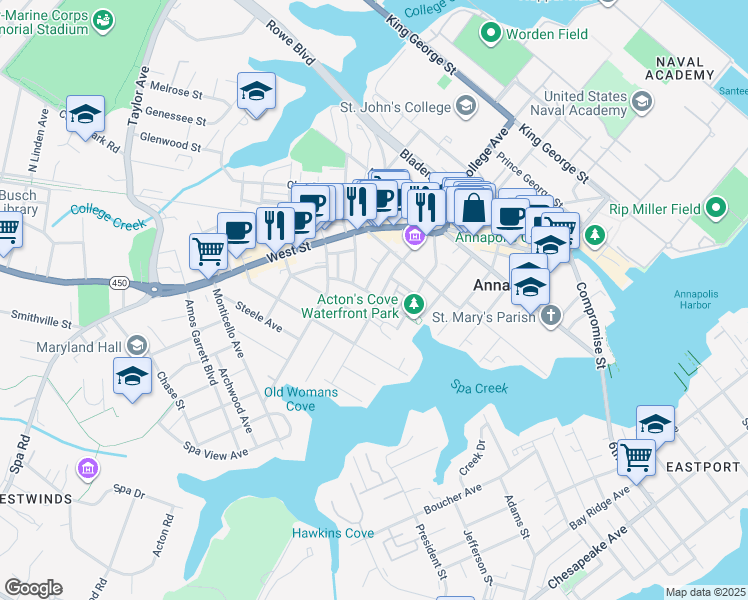 map of restaurants, bars, coffee shops, grocery stores, and more near 47 Franklin Street in Annapolis