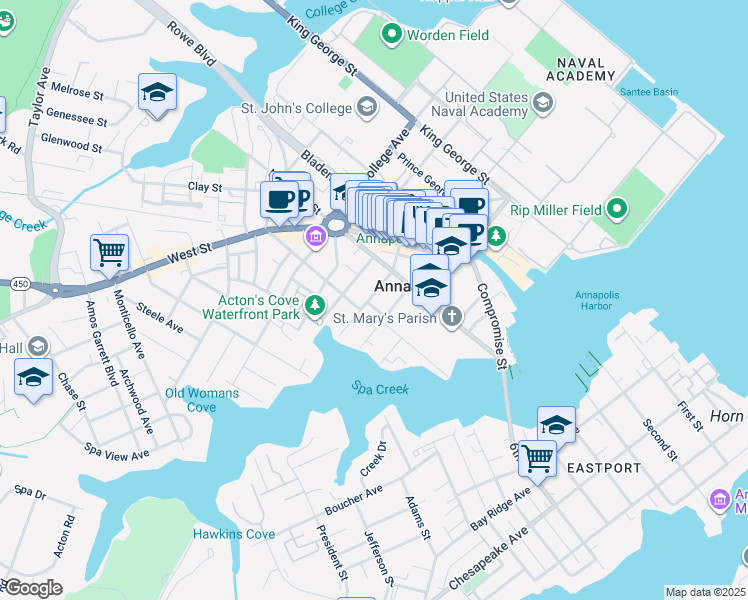 map of restaurants, bars, coffee shops, grocery stores, and more near 118 Conduit Street in Annapolis
