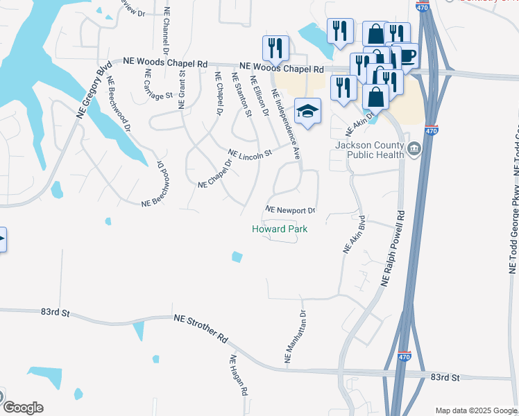 map of restaurants, bars, coffee shops, grocery stores, and more near 3510 Northeast Independence Avenue in Lee's Summit