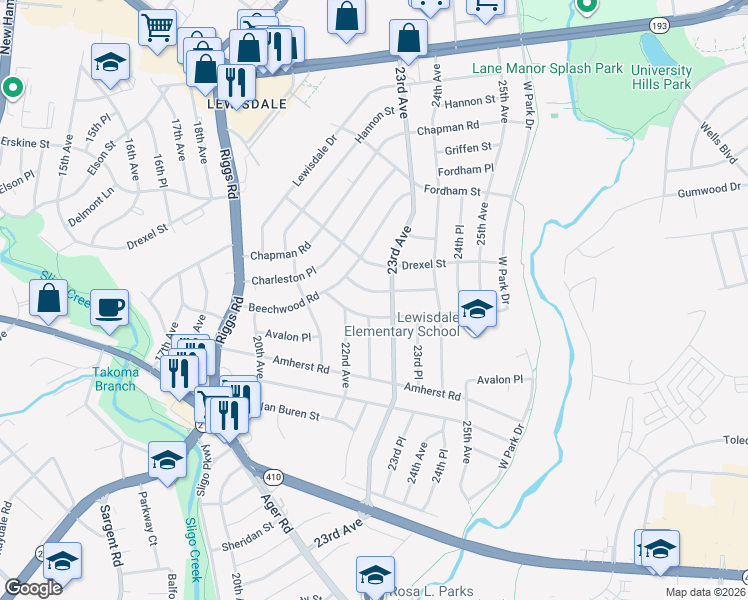 map of restaurants, bars, coffee shops, grocery stores, and more near 2215 Calvert Street in Hyattsville