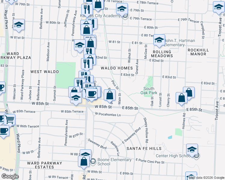 map of restaurants, bars, coffee shops, grocery stores, and more near 8407 Boone Boulevard in Kansas City