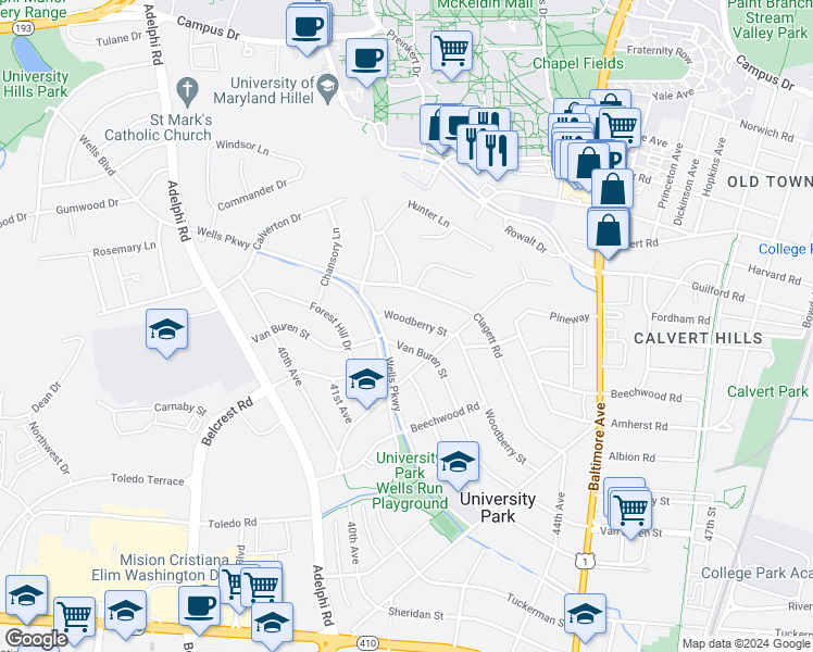 map of restaurants, bars, coffee shops, grocery stores, and more near 4107 Woodberry Street in University Park