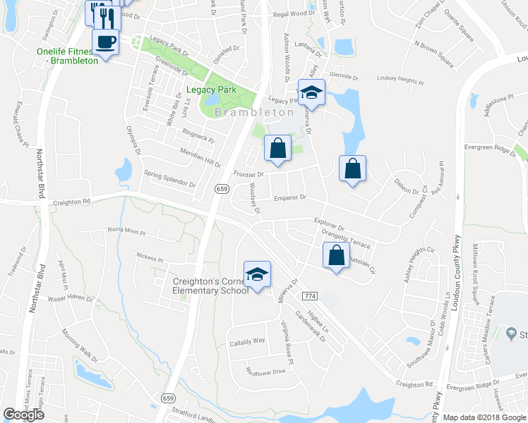 map of restaurants, bars, coffee shops, grocery stores, and more near 23150 Woolsey Drive in Brambleton