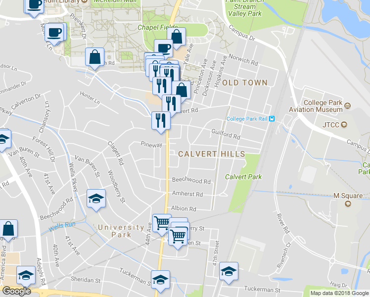 map of restaurants, bars, coffee shops, grocery stores, and more near 7004 Wake Forest Drive in College Park