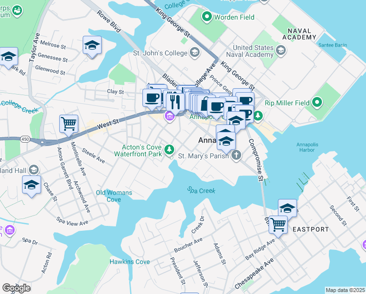 map of restaurants, bars, coffee shops, grocery stores, and more near 25 Cathedral Street in Annapolis
