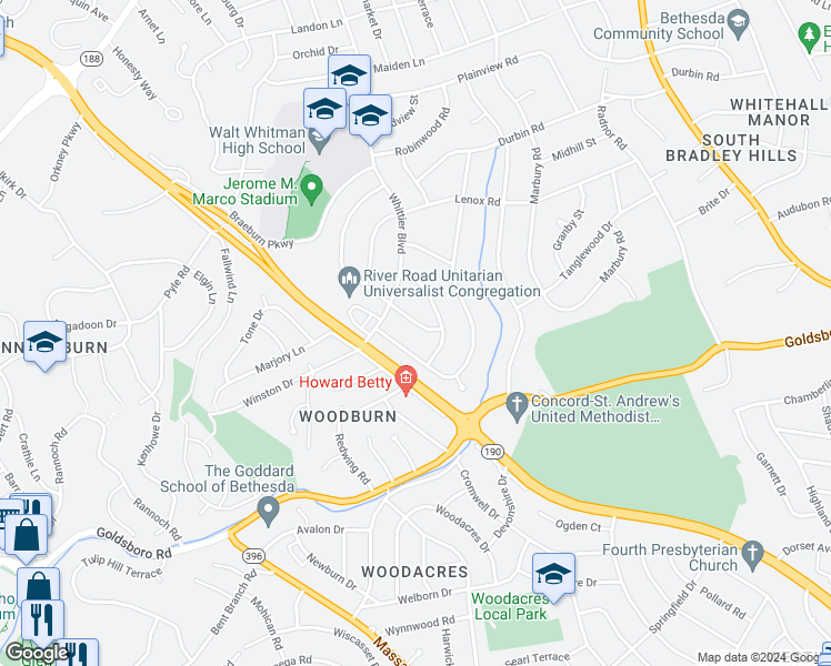 map of restaurants, bars, coffee shops, grocery stores, and more near 6108 Clearwood Road in Bethesda