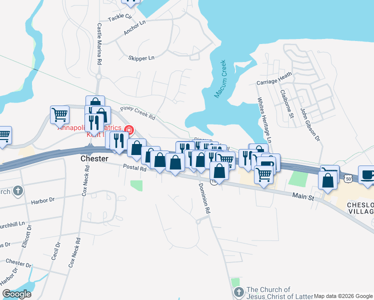 map of restaurants, bars, coffee shops, grocery stores, and more near 101 Chester Station Lane in Chester