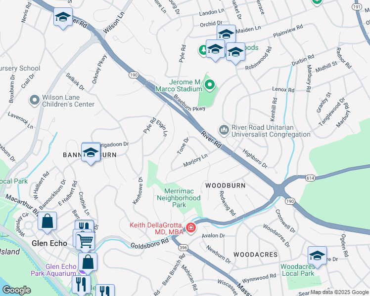 map of restaurants, bars, coffee shops, grocery stores, and more near 6400 Tone Drive in Bethesda