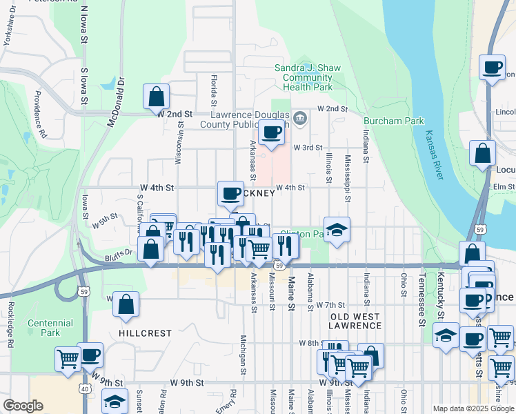 map of restaurants, bars, coffee shops, grocery stores, and more near 414 Arkansas Street in Lawrence