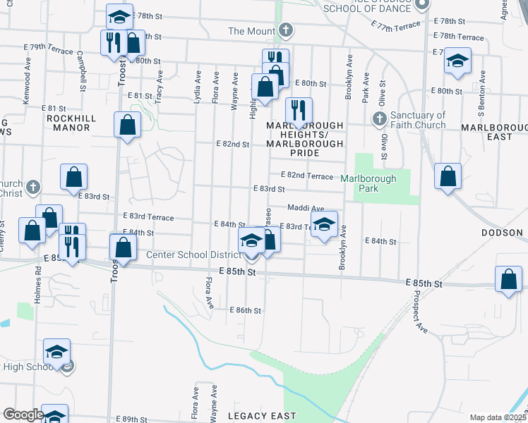 map of restaurants, bars, coffee shops, grocery stores, and more near 8322 The Paseo in Kansas City