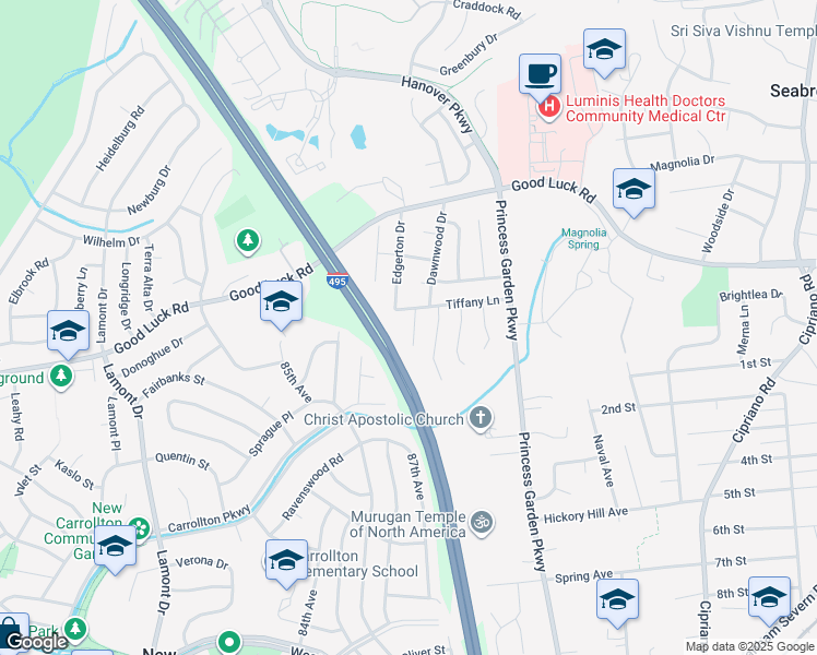 map of restaurants, bars, coffee shops, grocery stores, and more near 6408 Seta Drive in Lanham