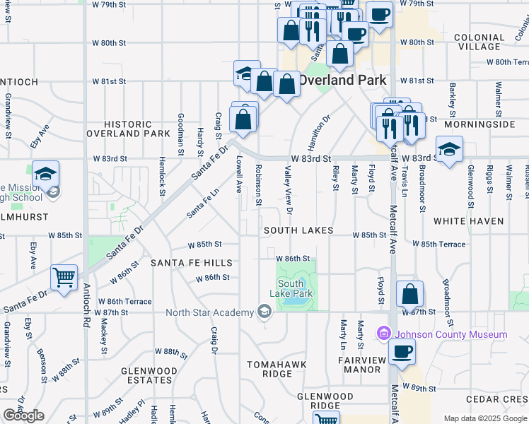 map of restaurants, bars, coffee shops, grocery stores, and more near 7721 West 84th Terrace in Overland Park