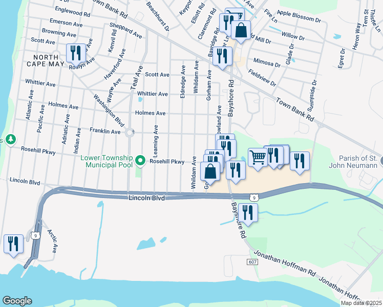 map of restaurants, bars, coffee shops, grocery stores, and more near 608 Whildam Avenue in North Cape May