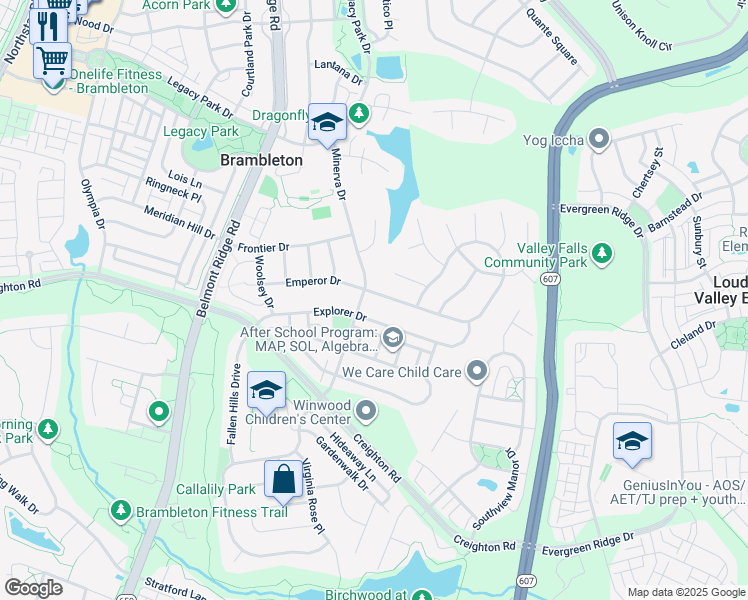 map of restaurants, bars, coffee shops, grocery stores, and more near 42755 Conquest Circle in Brambleton