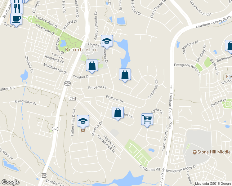 map of restaurants, bars, coffee shops, grocery stores, and more near 42755 Conquest Circle in Brambleton