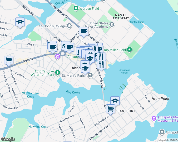 map of restaurants, bars, coffee shops, grocery stores, and more near 120 Duke of Gloucester Street in Annapolis