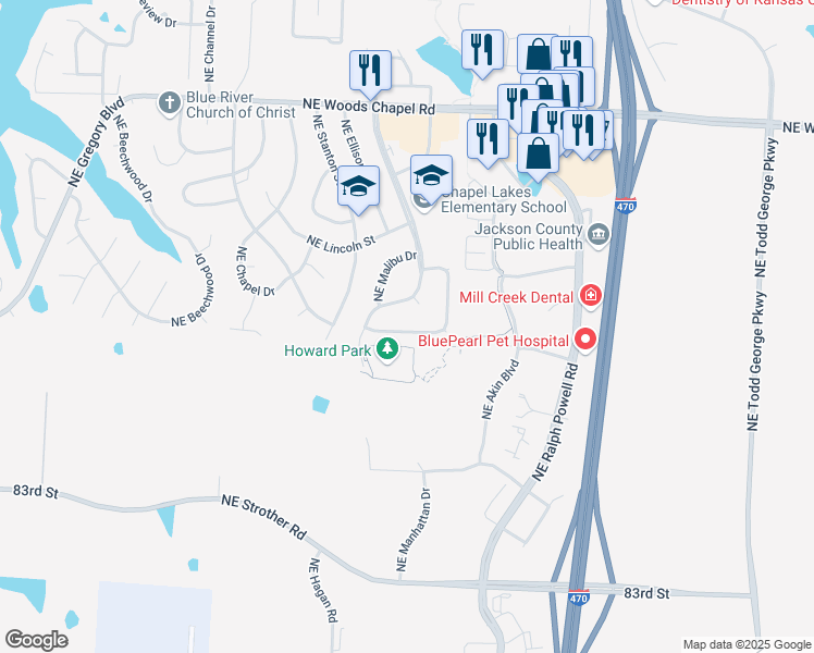 map of restaurants, bars, coffee shops, grocery stores, and more near 524 Northeast Newport Drive in Lee's Summit
