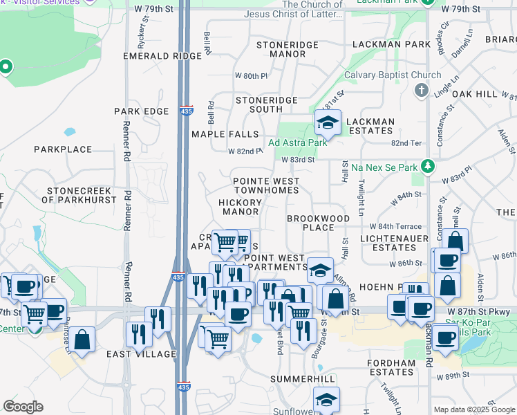 map of restaurants, bars, coffee shops, grocery stores, and more near 16005 West 84th Terrace in Lenexa
