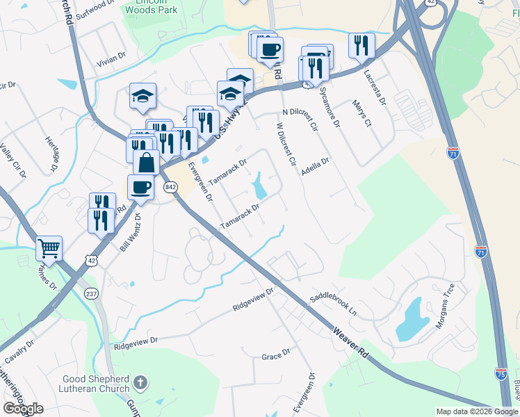 map of restaurants, bars, coffee shops, grocery stores, and more near 8316 Tamarack Drive in Florence