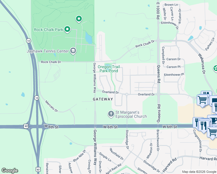 map of restaurants, bars, coffee shops, grocery stores, and more near 433 Freemont Drive in Lawrence