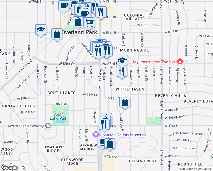 map of restaurants, bars, coffee shops, grocery stores, and more near 8423 Travis Lane in Overland Park