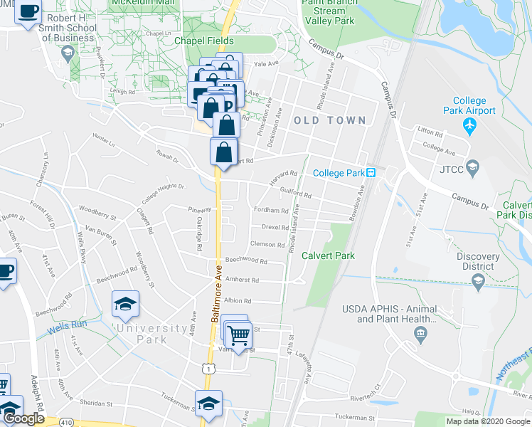 map of restaurants, bars, coffee shops, grocery stores, and more near 4607 Fordham Road in College Park