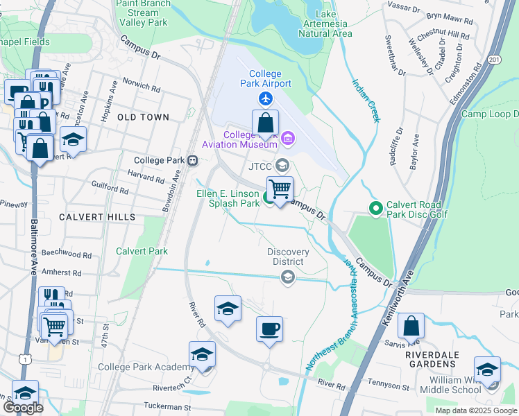 map of restaurants, bars, coffee shops, grocery stores, and more near 9703 52nd Avenue in College Park