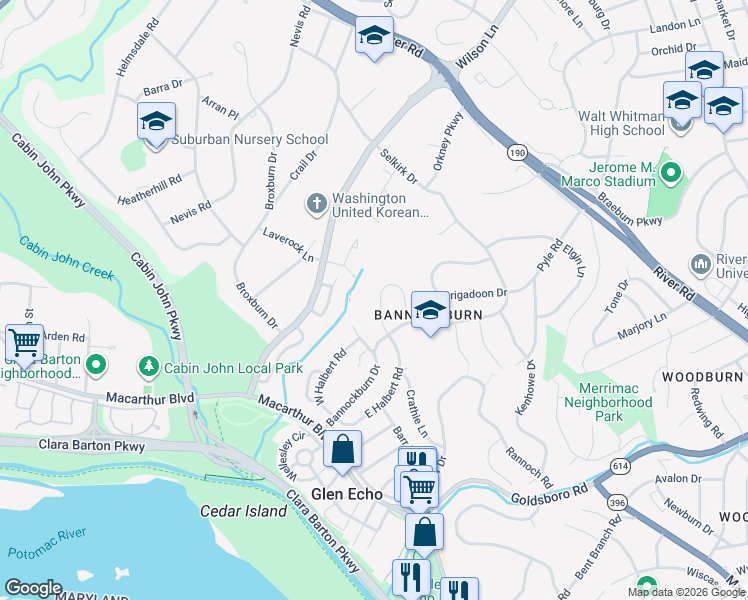 map of restaurants, bars, coffee shops, grocery stores, and more near 6510 East Halbert Road in Bethesda