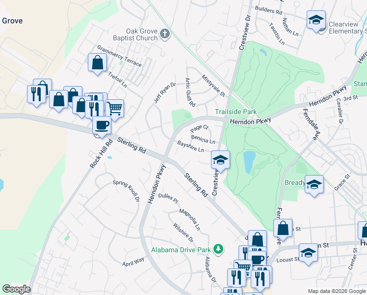 map of restaurants, bars, coffee shops, grocery stores, and more near 1319 Bayshire Ln in Herndon