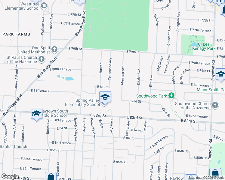 map of restaurants, bars, coffee shops, grocery stores, and more near 8933 East 81 Street in Raytown