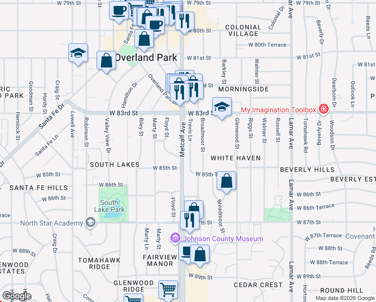 map of restaurants, bars, coffee shops, grocery stores, and more near 8423 Travis Lane in Overland Park