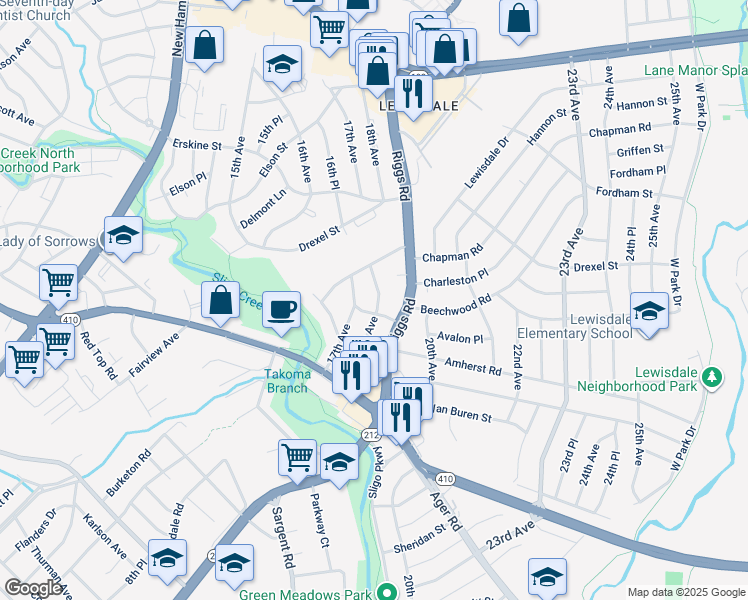 map of restaurants, bars, coffee shops, grocery stores, and more near 7006 18th Avenue in Hyattsville