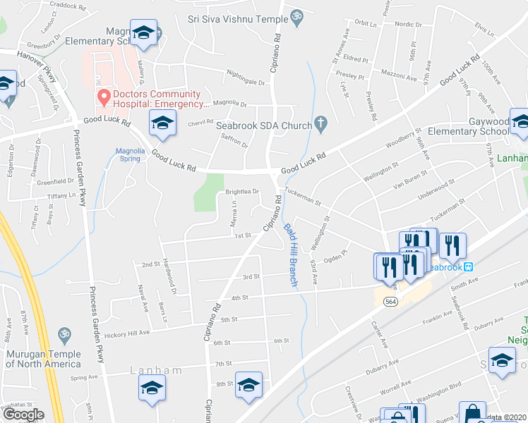 map of restaurants, bars, coffee shops, grocery stores, and more near 6441 Brightlea Drive in Lanham