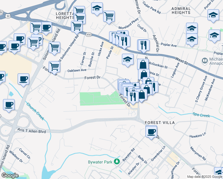 map of restaurants, bars, coffee shops, grocery stores, and more near 1947 Forest Drive in Annapolis
