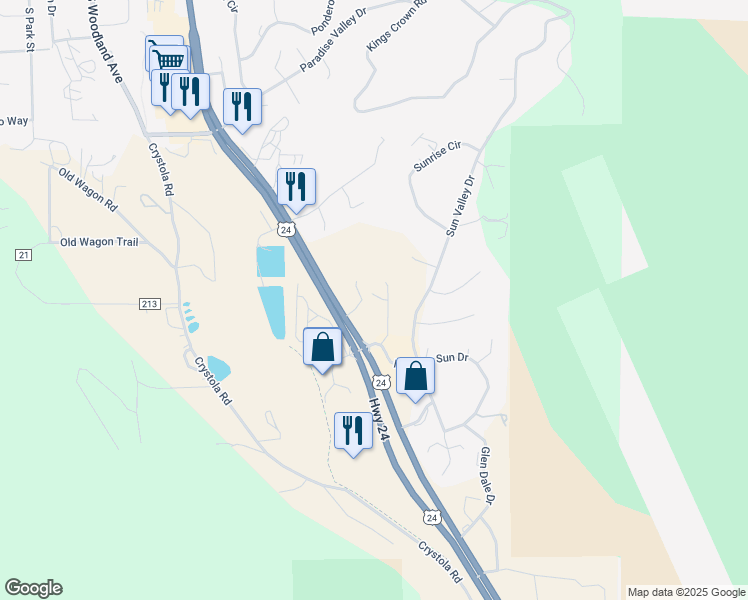 map of restaurants, bars, coffee shops, grocery stores, and more near 19569 U.S. 24 in Woodland Park