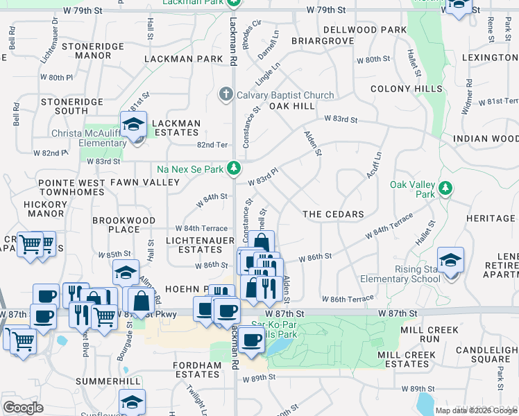 map of restaurants, bars, coffee shops, grocery stores, and more near 8436 Darnell St in Lenexa