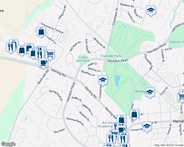 map of restaurants, bars, coffee shops, grocery stores, and more near 1310 Bayshire Lane in Herndon